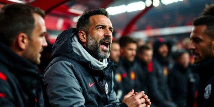 Ruben Amorim coaching Manchester United during a match.