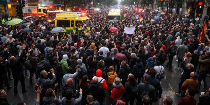 Crowd of protesters in flooded streets of Spain.