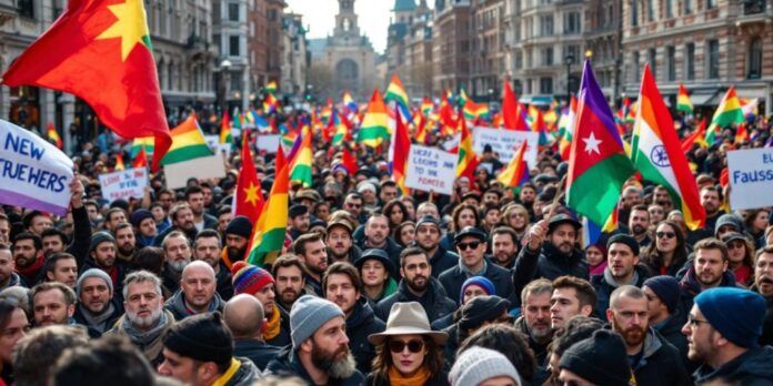 Crowd of diverse protesters in an urban demonstration.