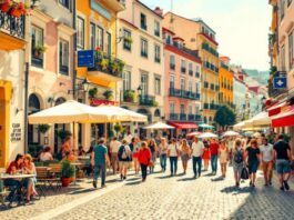 Lisbon street with cafés and traditional architecture.