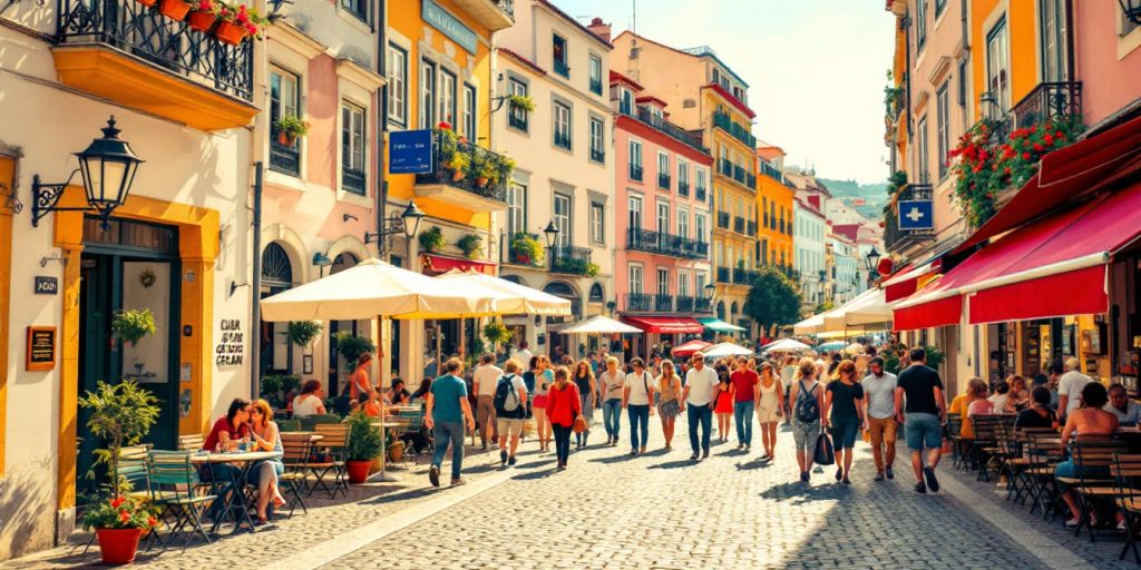 Lisbon street with cafés and traditional architecture.