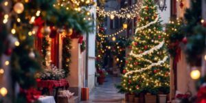 Christmas scene in Portugal with lights and decorations.