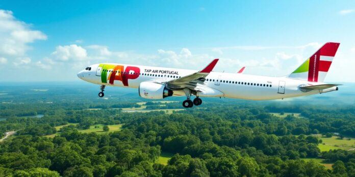 TAP Air Portugal aircraft flying over Manaus landscape.