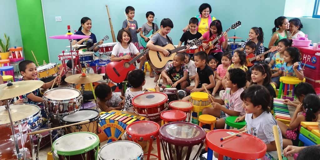 Kids playing musical instruments in a vibrant workshop.