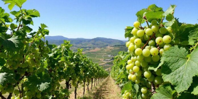 Lush vineyards in Douro Valley under blue sky.