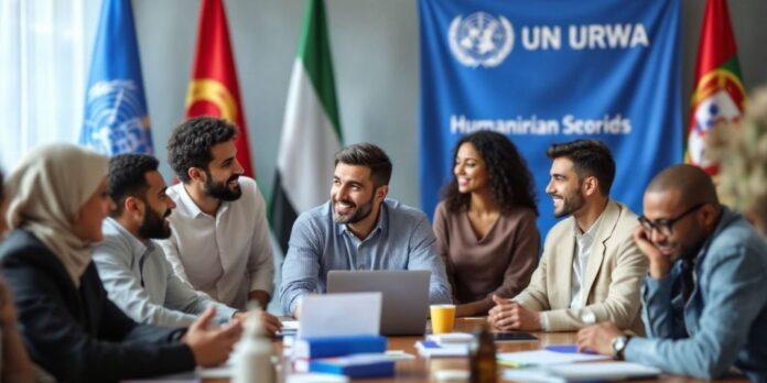 Diverse group in discussion with Portugal and UNRWA flags.