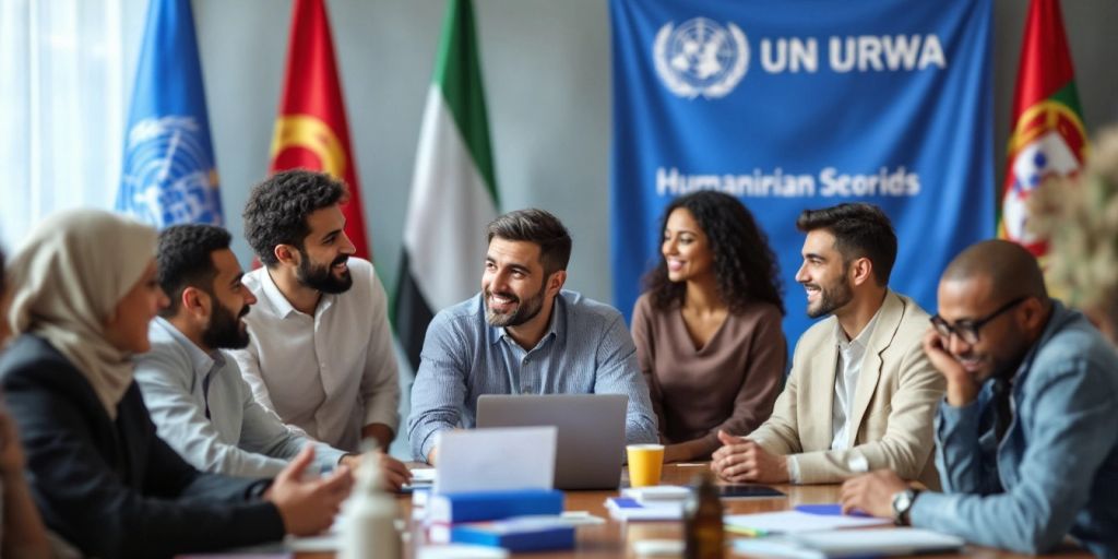 Diverse group in discussion with Portugal and UNRWA flags.