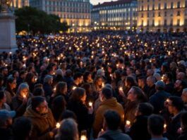 Crowd of people holding candles in Lisbon square.