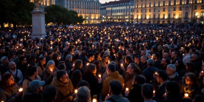 Crowd of people holding candles in Lisbon square.