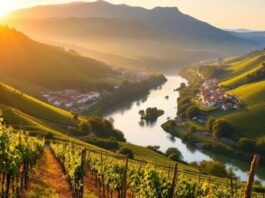 Vineyards and river landscape in Douro Valley, Portugal.