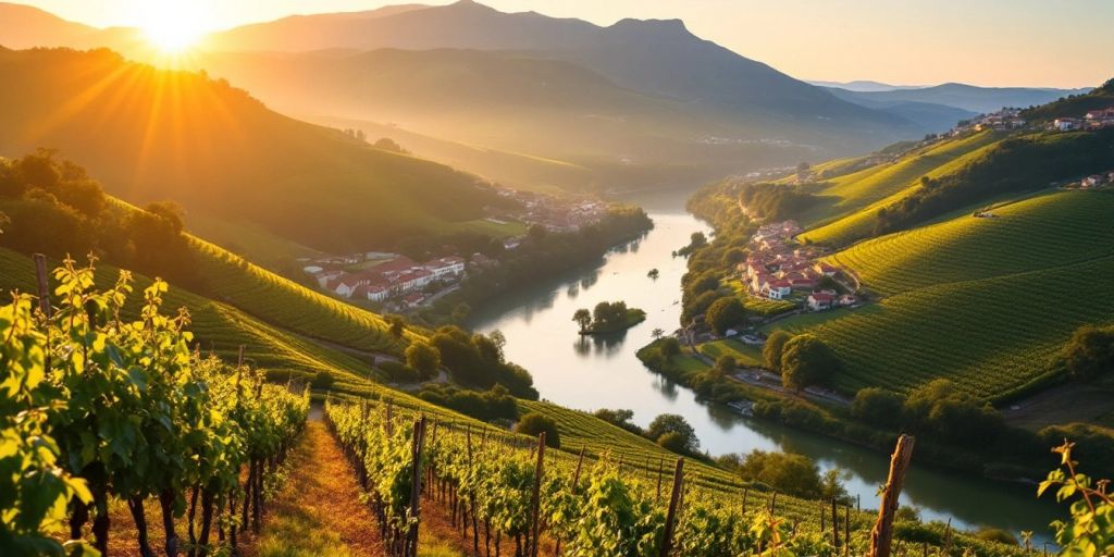 Vineyards and river landscape in Douro Valley, Portugal.