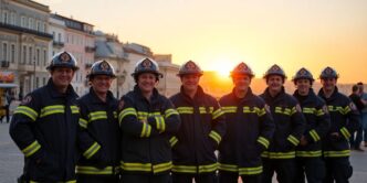 Firefighters united in Lisbon with iconic buildings in background.