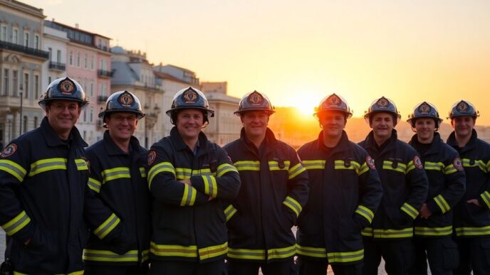 Firefighters united in Lisbon with iconic buildings in background.