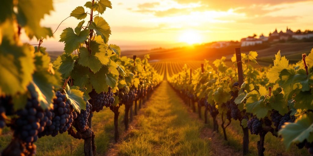 Vineyard in Portugal with lush grapevines at sunset.