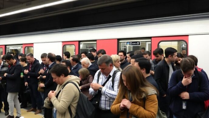 Crowded metro station in Lisbon with anxious commuters.