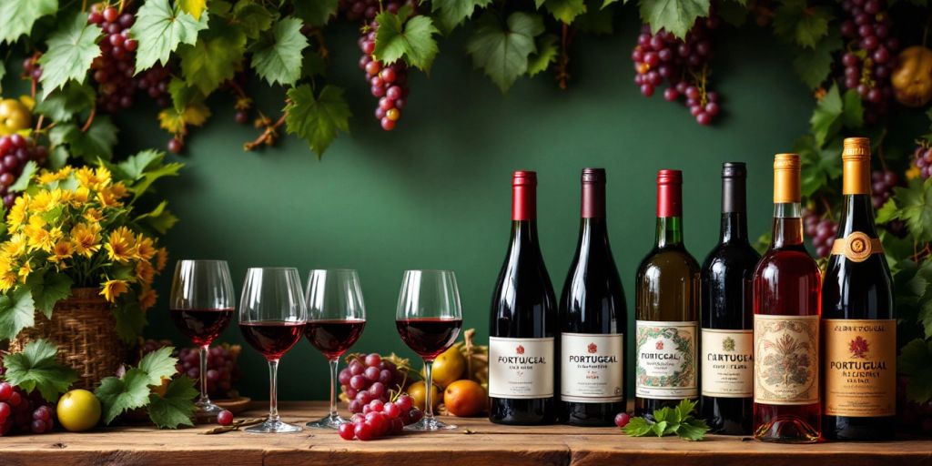 Colorful Portuguese wines on a rustic wooden table.