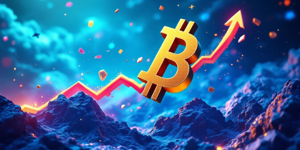 Soaring Bitcoin logo with vibrant colors and excitement.