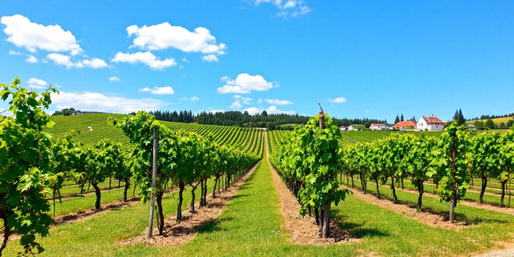 Vineyard landscape in Portugal with grapevines and winery.