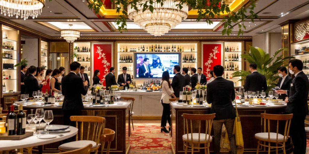 Asian sommeliers discussing wine in an elegant setting.