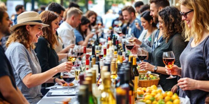 Wine lovers interacting at the Lisbon Wine Fair.