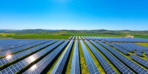 Solar panels under a clear blue sky in Alentejo.