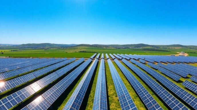 Solar panels under a clear blue sky in Alentejo.