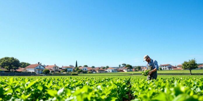 Farmers in a lush Portuguese field with crops.