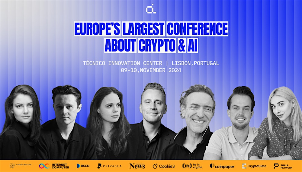 An advertising image for Crypto AI:Con with profile images of 7 speakers.