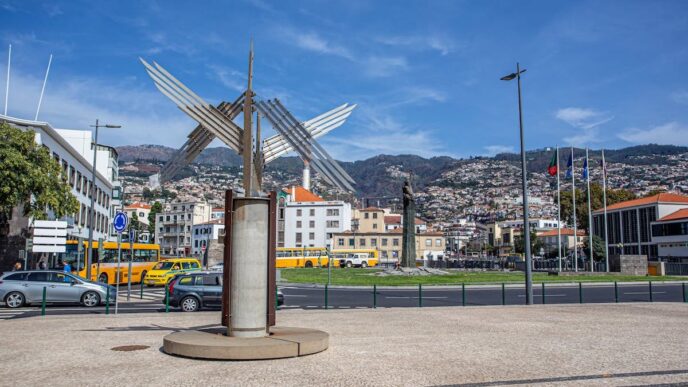 A sculpture of a bird flying in Funchal