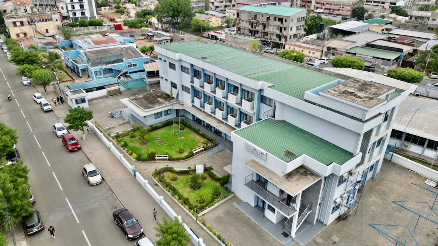 A hospital building seen from the air in Tete Province, Mozambique