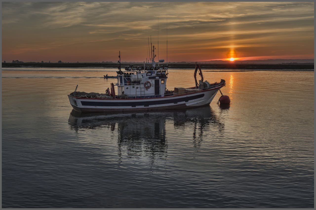 A small fishing boat is seen on the water with land in the background.