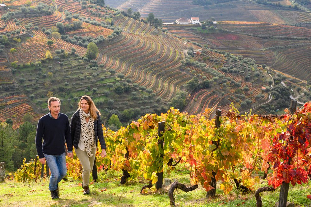 A couple walk through a hilly vineyard in Portugal