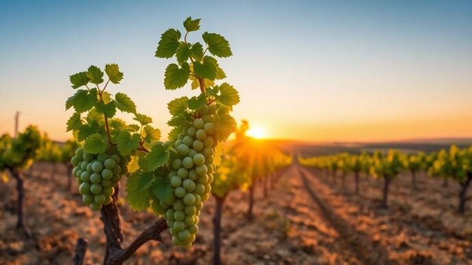 Vibrant vineyard in Portugal against a dry background.