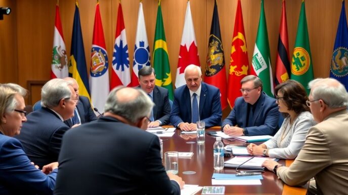 Diverse officials discussing in a formal conference setting.