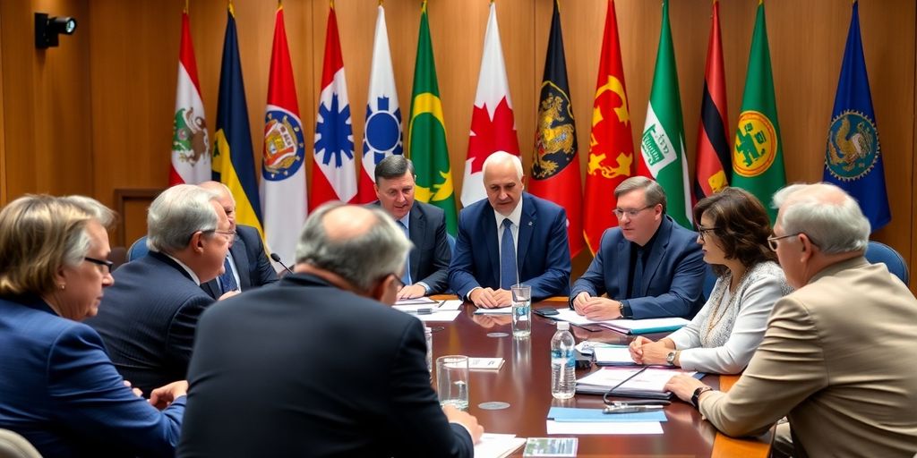 Diverse officials discussing in a formal conference setting.