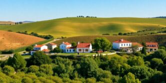 Charming houses in Alentejo's scenic landscape during autumn.