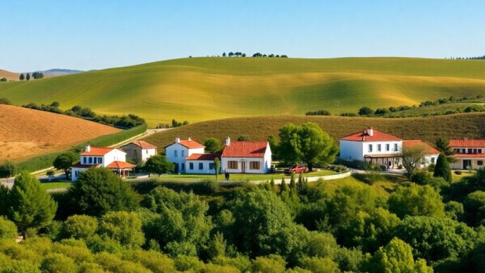 Charming houses in Alentejo's scenic landscape during autumn.