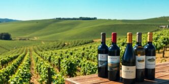 Vineyard landscape in Portugal with wine bottles.