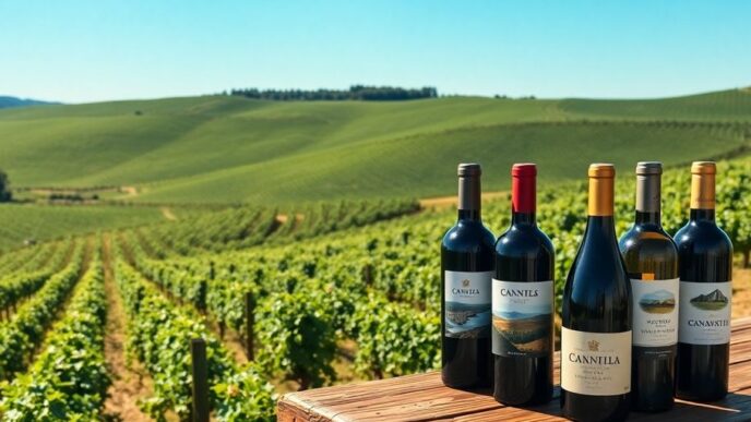 Vineyard landscape in Portugal with wine bottles.