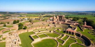 Aerial view of Roman thermal complex in Alentejo, Portugal.