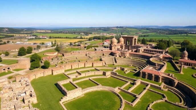 Aerial view of Roman thermal complex in Alentejo, Portugal.