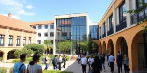 Portugal business school with students and modern architecture.