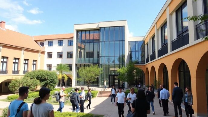 Portugal business school with students and modern architecture.