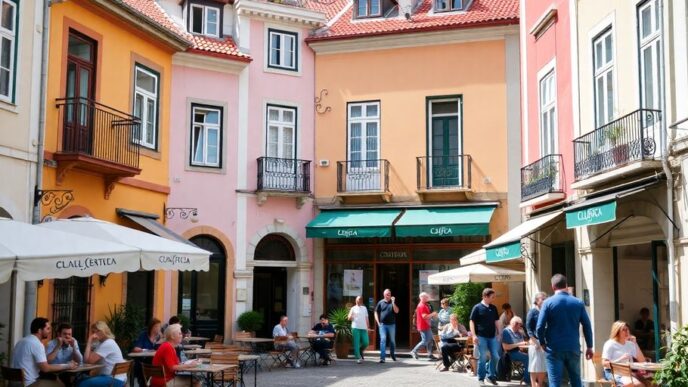 Colorful Lisbon street with people and cafes.