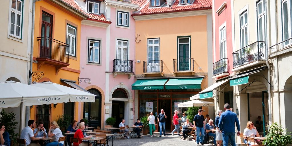 Colorful Lisbon street with people and cafes.