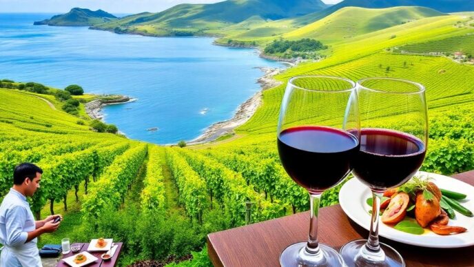 Lush vineyards and gourmet dishes in the Azores.