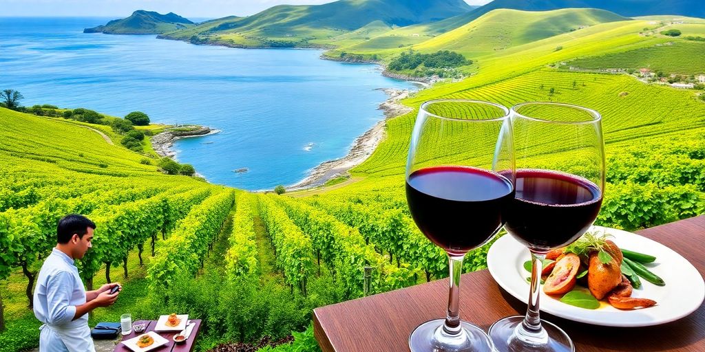 Lush vineyards and gourmet dishes in the Azores.