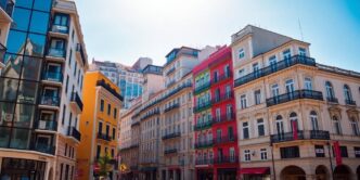 Lisbon cityscape with modern buildings and classic architecture.