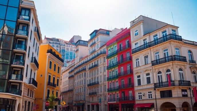 Lisbon cityscape with modern buildings and classic architecture.