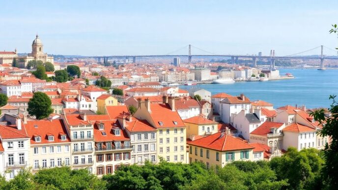 Vibrant Lisbon skyline with colorful buildings and river.